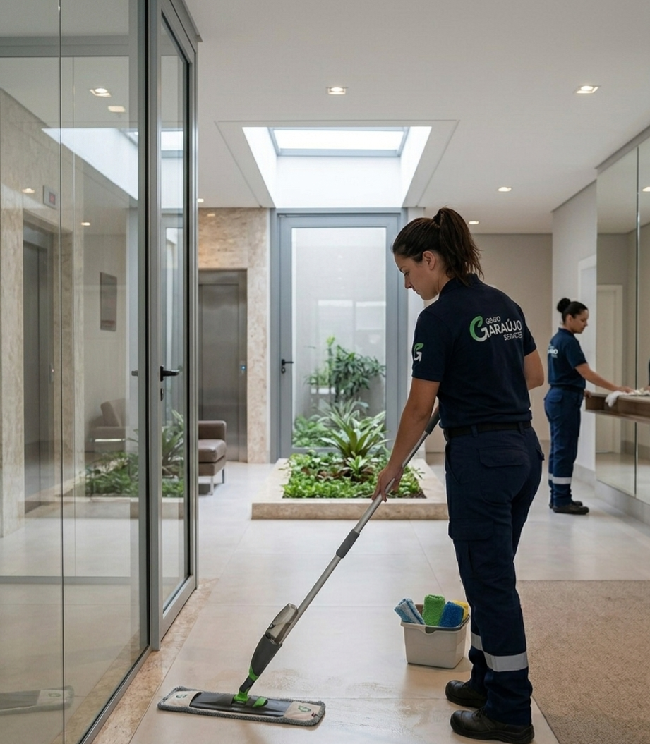 Limpeza profissional em hall e áreas comuns